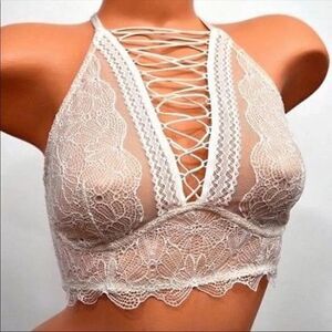 Victorias Secret Very Sexy high neck lace up bralette bra coconut white Medium